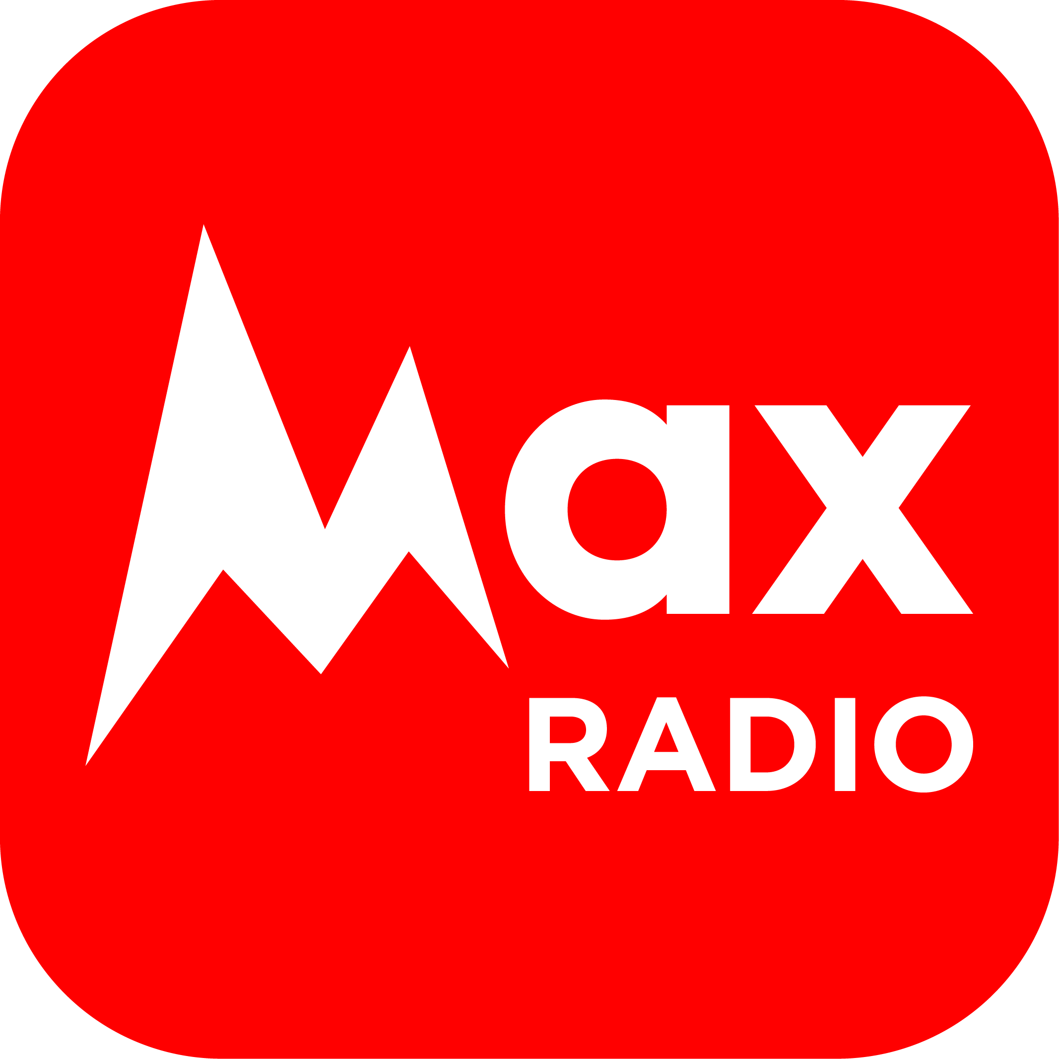 Logo de Max Radio avec un fond rouge et texte blanc.