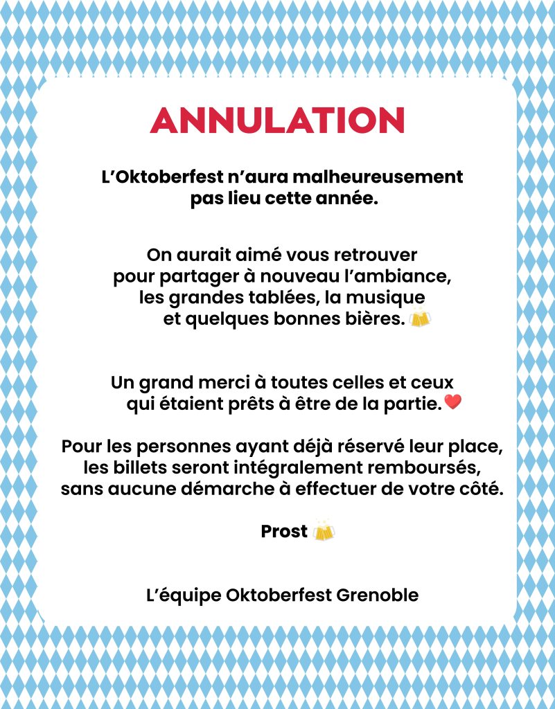 Annonce d'annulation de l'Oktoberfest 2023, avec des remerciements aux participants et informations sur le remboursement des billets.